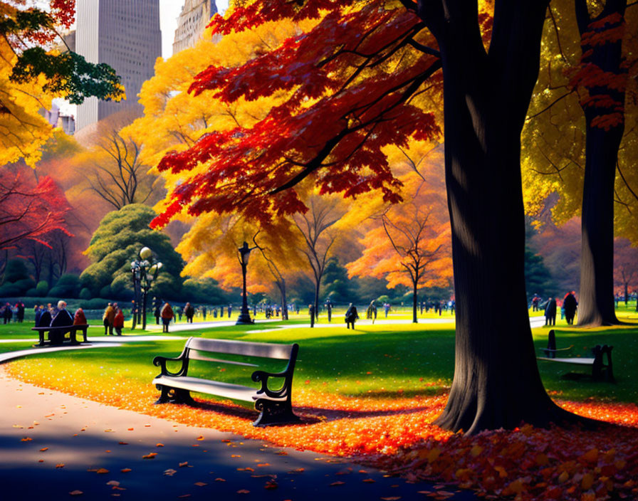 Colorful Autumn Park Scene with Bench and People Enjoying Nature