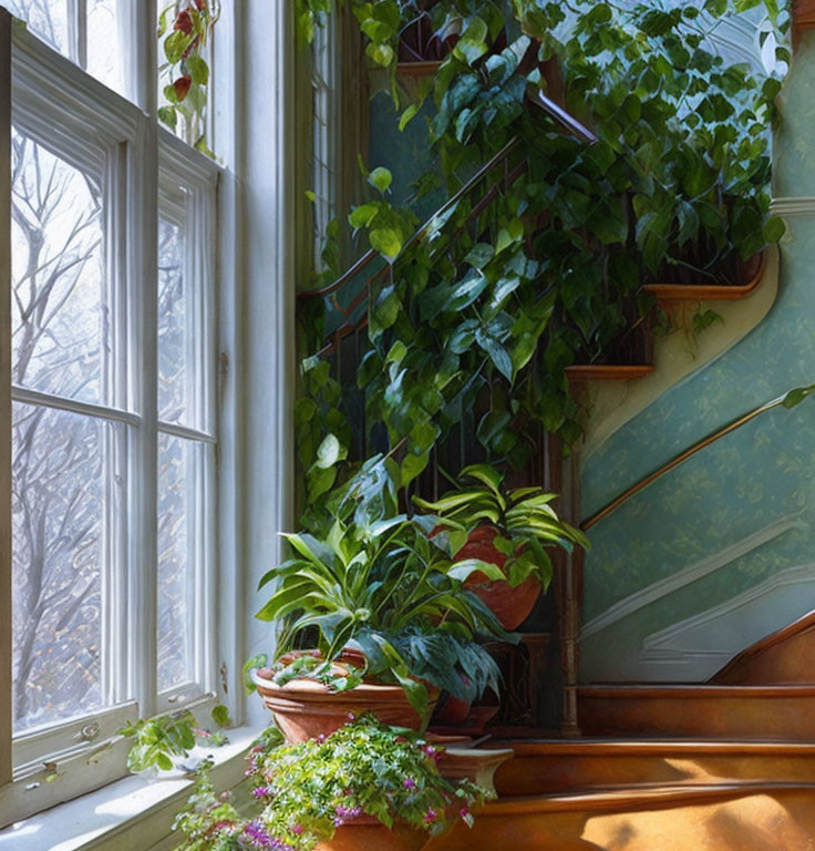 Indoor staircase with green plants, sunlight, and snowy view