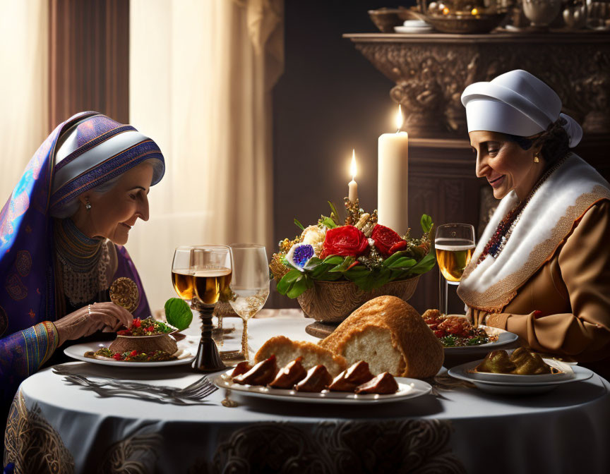 Traditional attire women dining with bread, wine, and candles