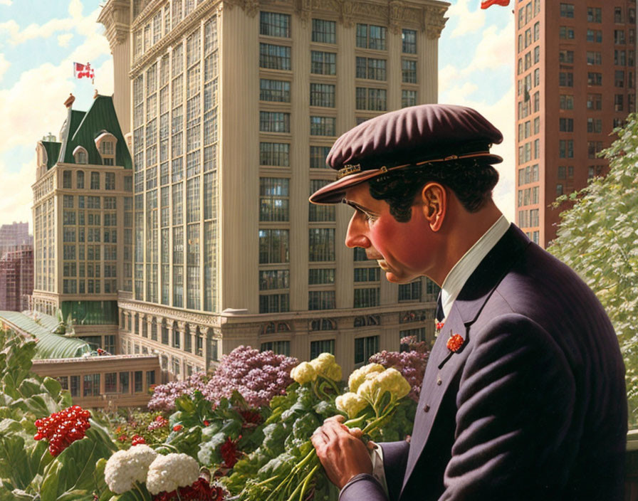 Vintage-dressed man admires flowers on terrace with classical high-rise building.