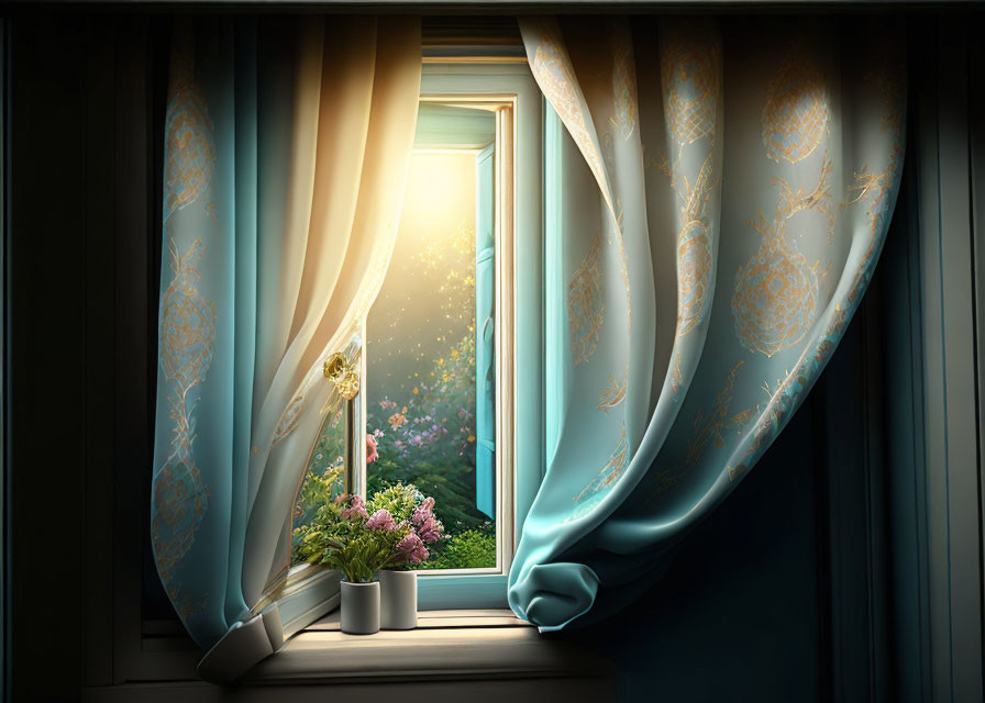 Bright sunlight illuminates blue curtains and purple flowers on window sill