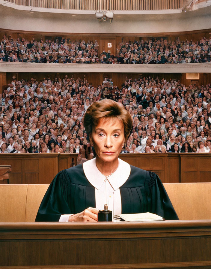 Female Judge with Gavel in Courtroom Scene