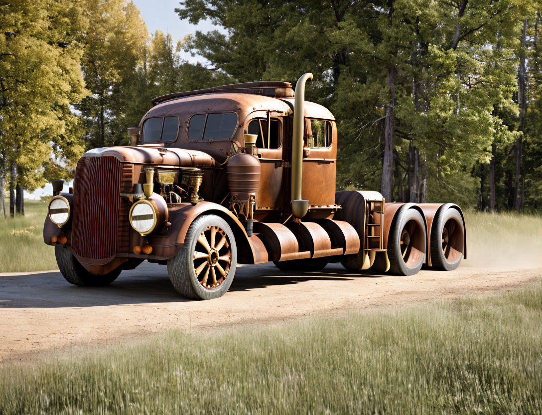 Rusted vintage semi-truck driving on dusty forest road