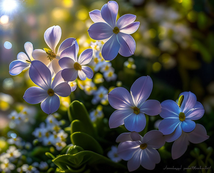 Vibrant purple flowers with sunlit bokeh background and subtle yellow centers