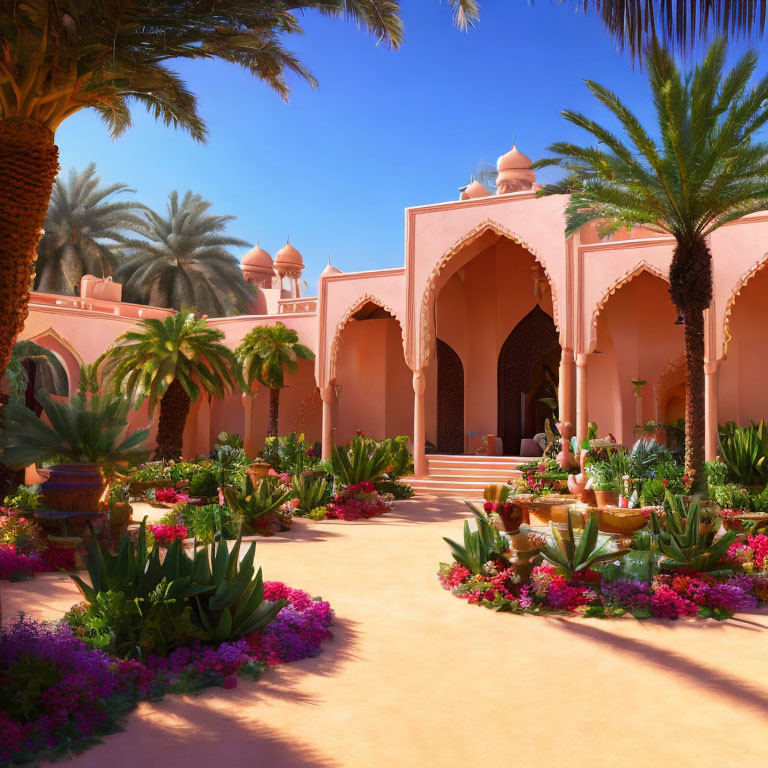 Vibrant flower garden and palm trees in front of terracotta building