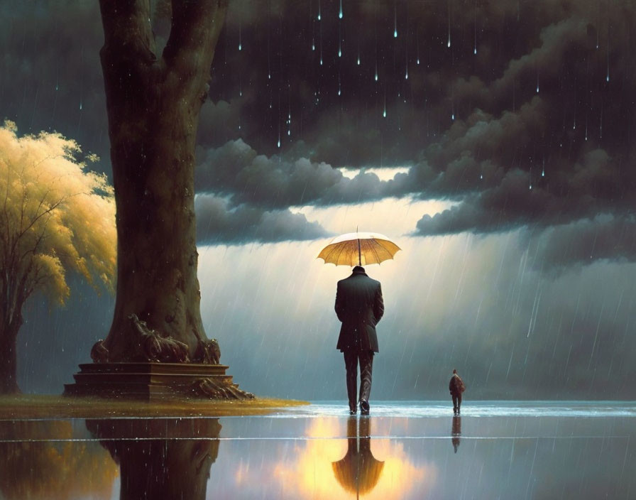 Person with Umbrella and Dog Walking Under Stormy Sky by Large Tree