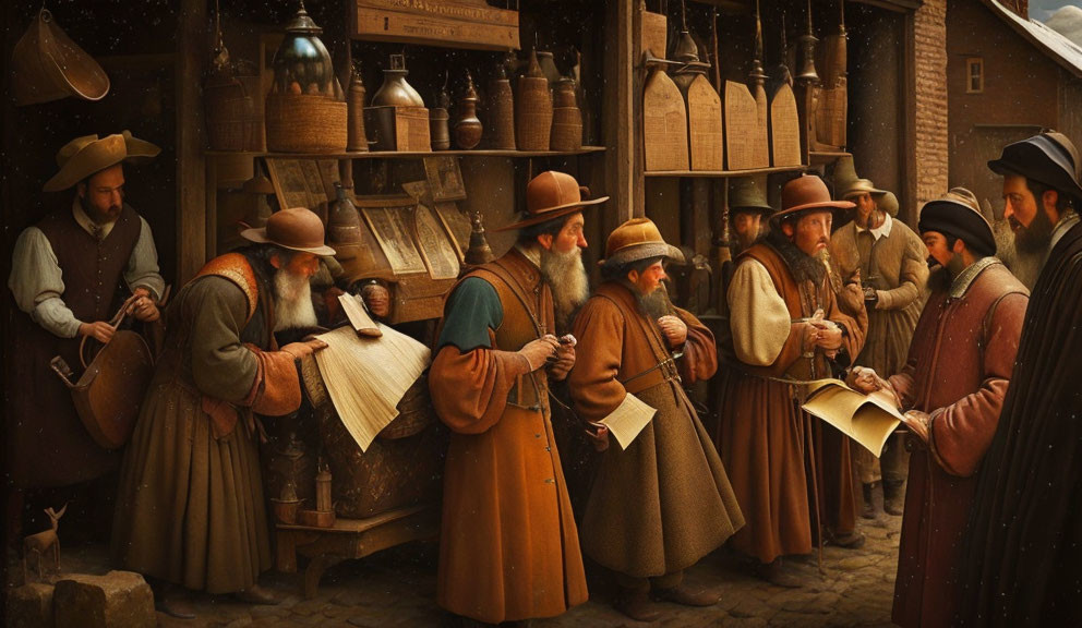 Historical Attired Group Examining Documents Outside Wooden Building