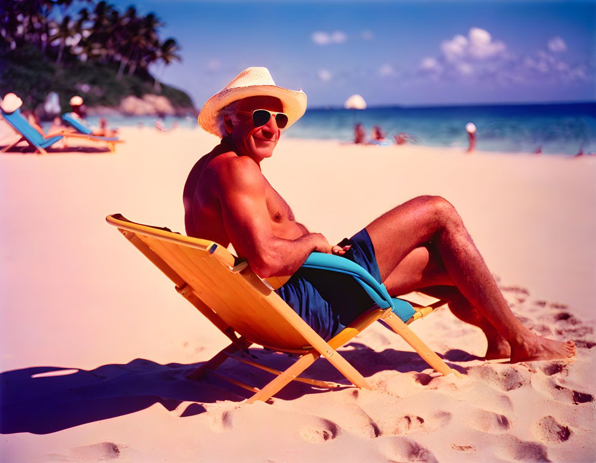 Person in swimwear lounging on yellow beach chair under clear blue sky