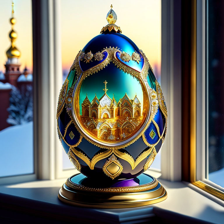 Fabergé egg with gold and jewels near snow-covered Russian architecture at sunset