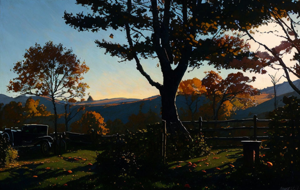 Tranquil autumn scene with classic car, fence, tree, and sun shadows