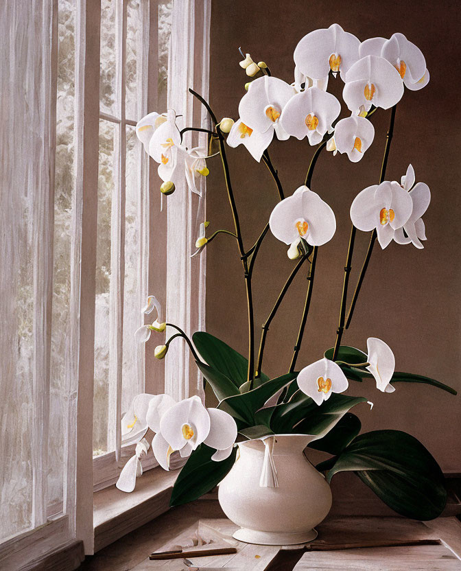 White orchid in vase by window with sheer curtains and sunlight.