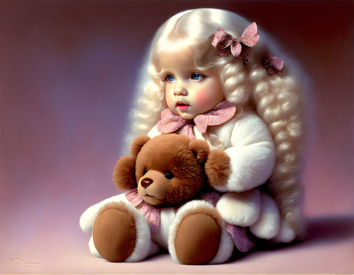 Young girl with curly blond hair holding a teddy bear in soft, realistic illustration