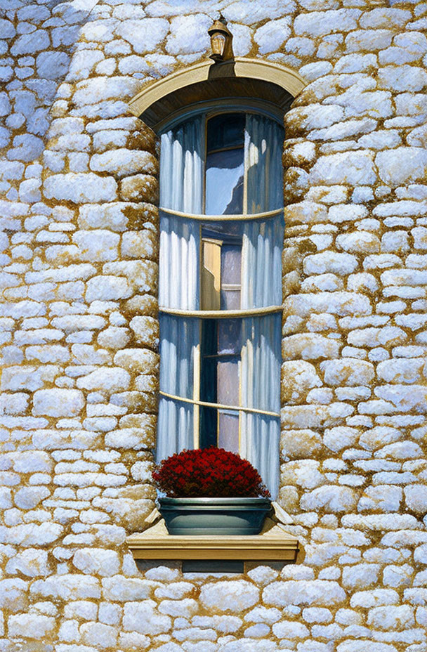 Narrow window on textured stone wall with snow patches and red flowers