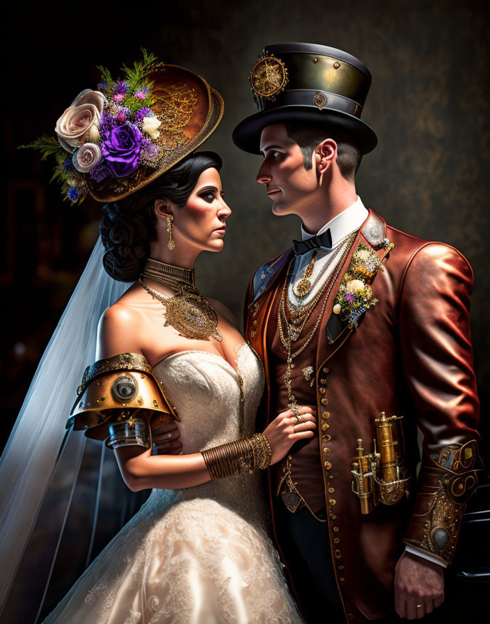 Steampunk wedding attire with metallic accessories and floral decorations