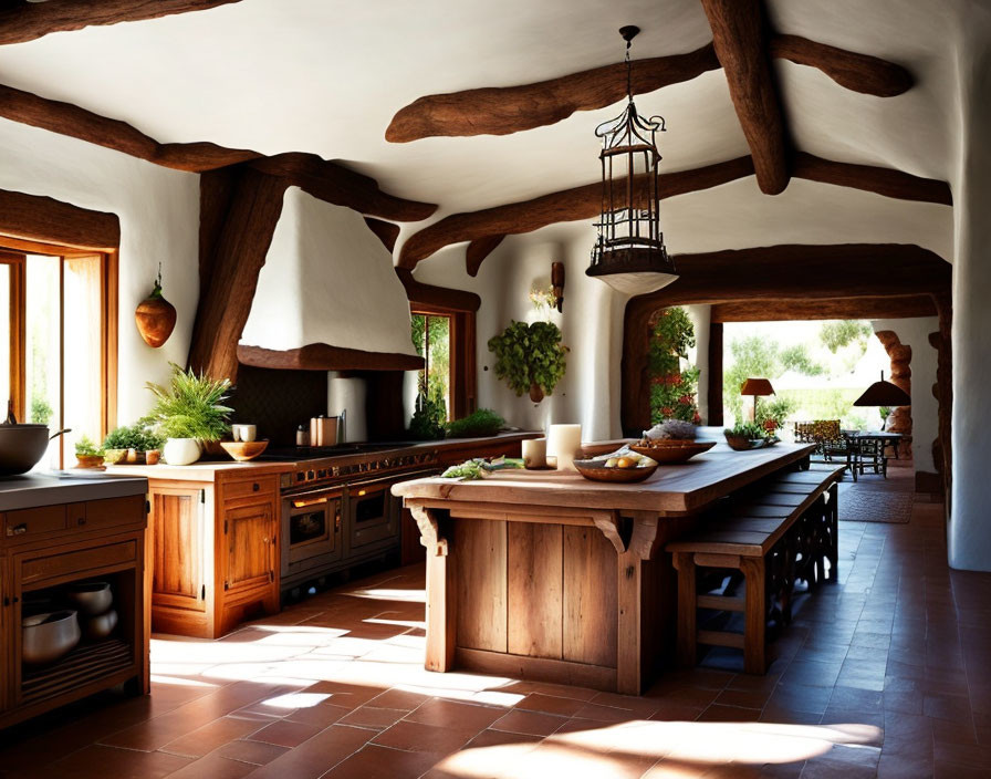 Rustic Kitchen Interior with Wooden Beams, Cabinets, Dining Table, Terra Cotta Tiles,