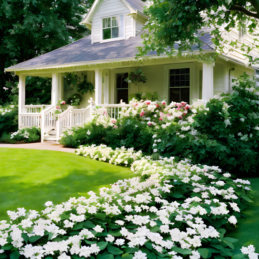 White House with Covered Porch Surrounded by Garden and Flowers