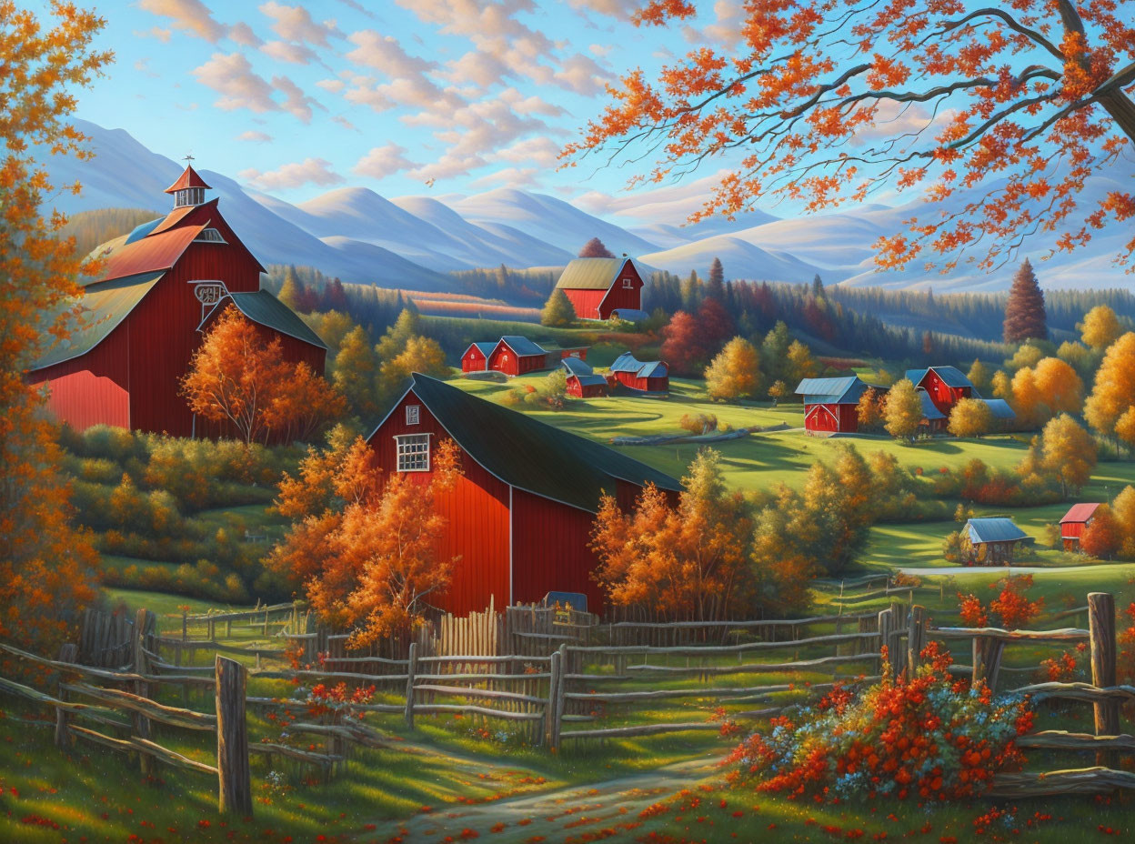 Vibrant autumn landscape with red barns, golden trees, fence, and rolling hills