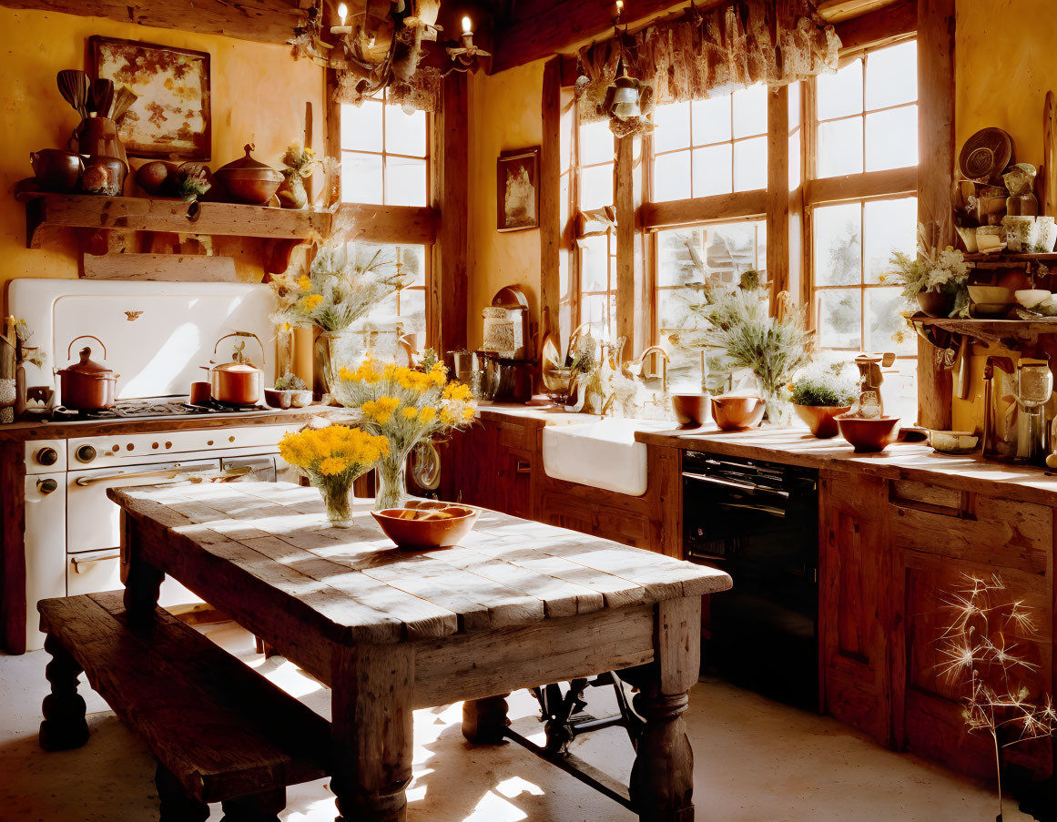 Rustic kitchen with wooden furniture, vintage appliances, pottery, and fresh flowers