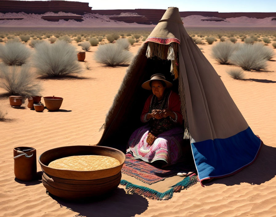 Person in traditional attire under desert tent with pottery and woven mat