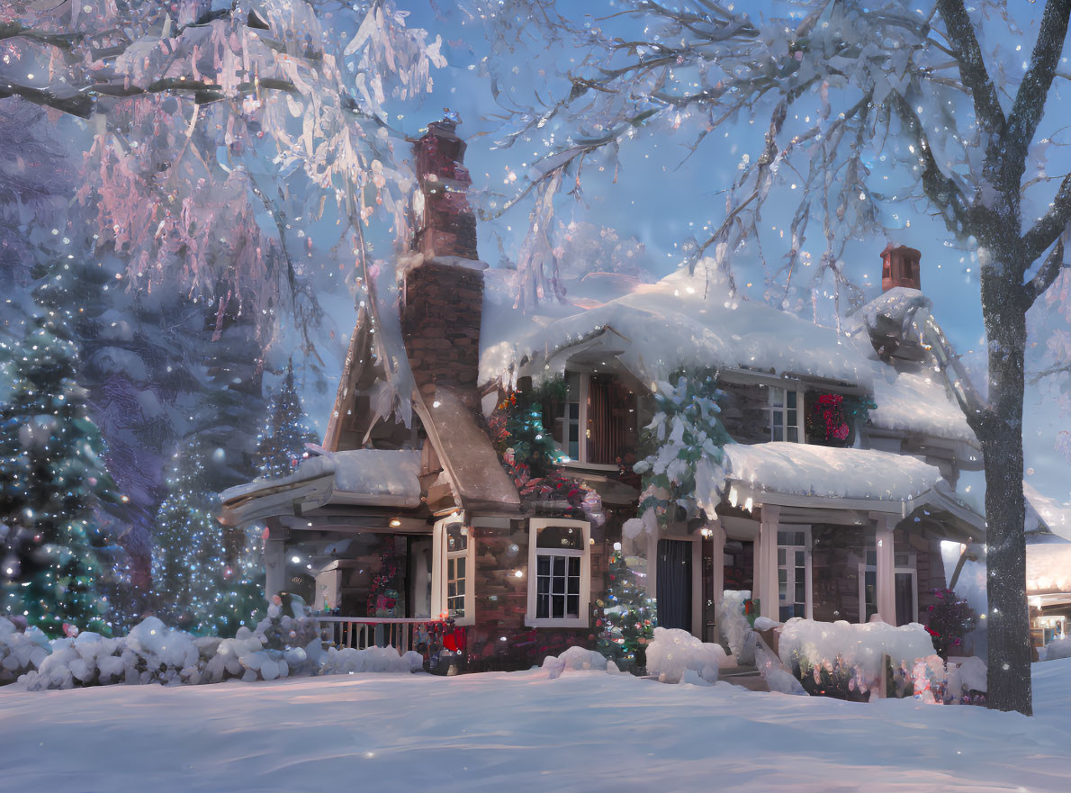 Snow-covered cottage with Christmas decorations in soft glow at dusk