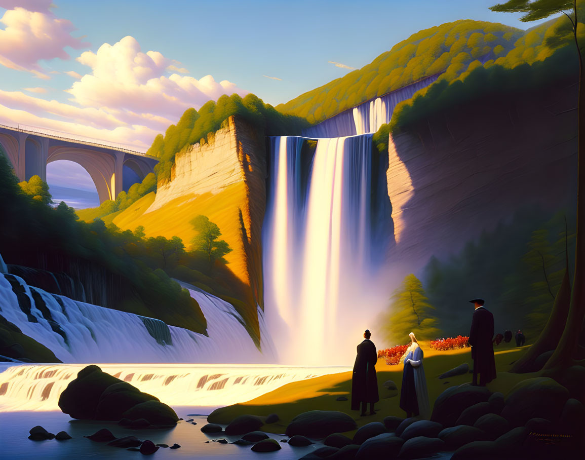 Illustration of waterfall, train bridge, and people in vintage clothing