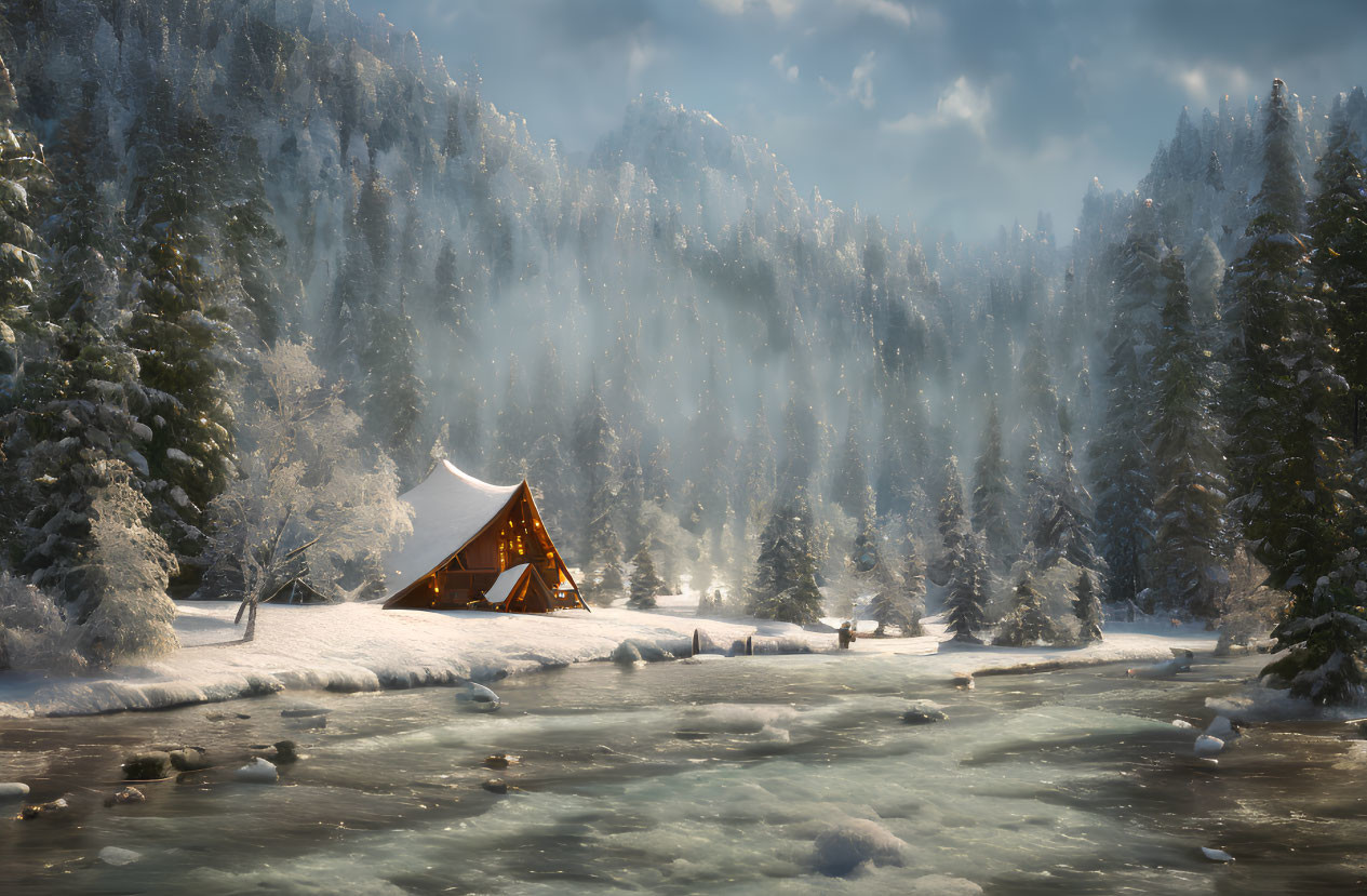 Snowy forest tent illuminated by frozen river and sunbeams