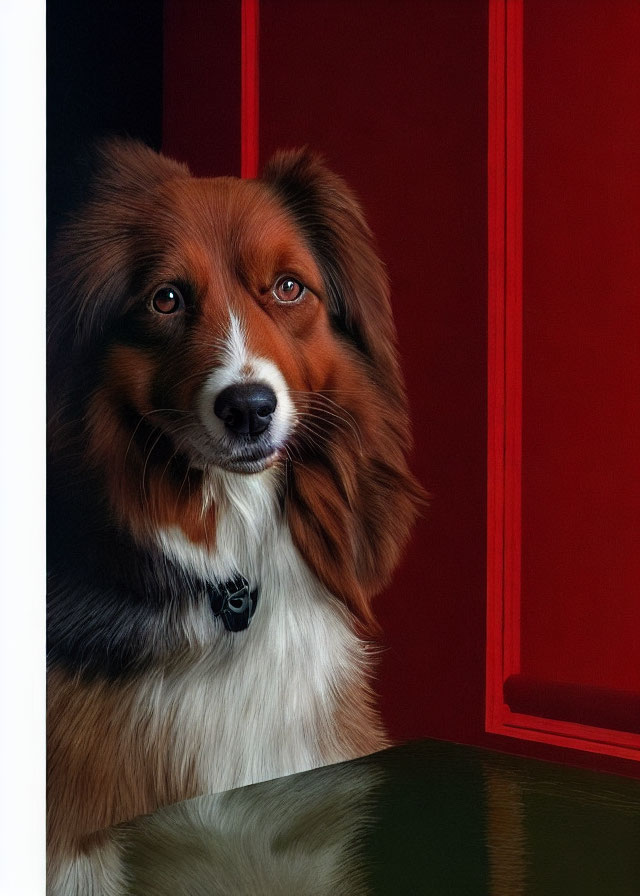 Brown and White Dog with Soulful Eyes in Red and Black Setting