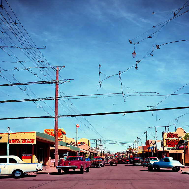 Vintage Street Scene with Classic Cars and Vibrant Storefronts