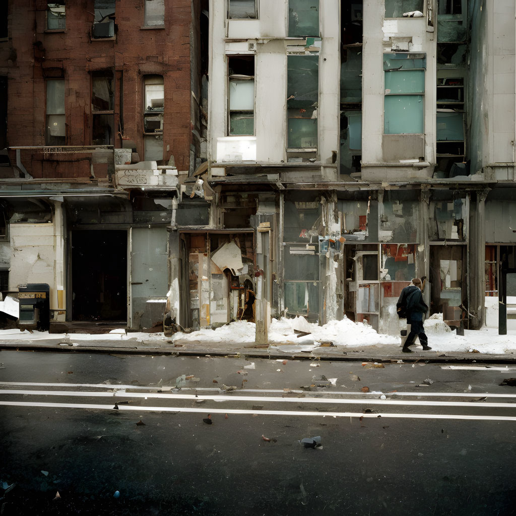 Urban scene: Person passing snow-covered, rundown buildings