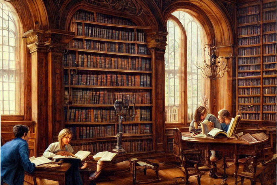 Traditional Library Scene with Ornate Wood Shelves & Extensive Book Collections