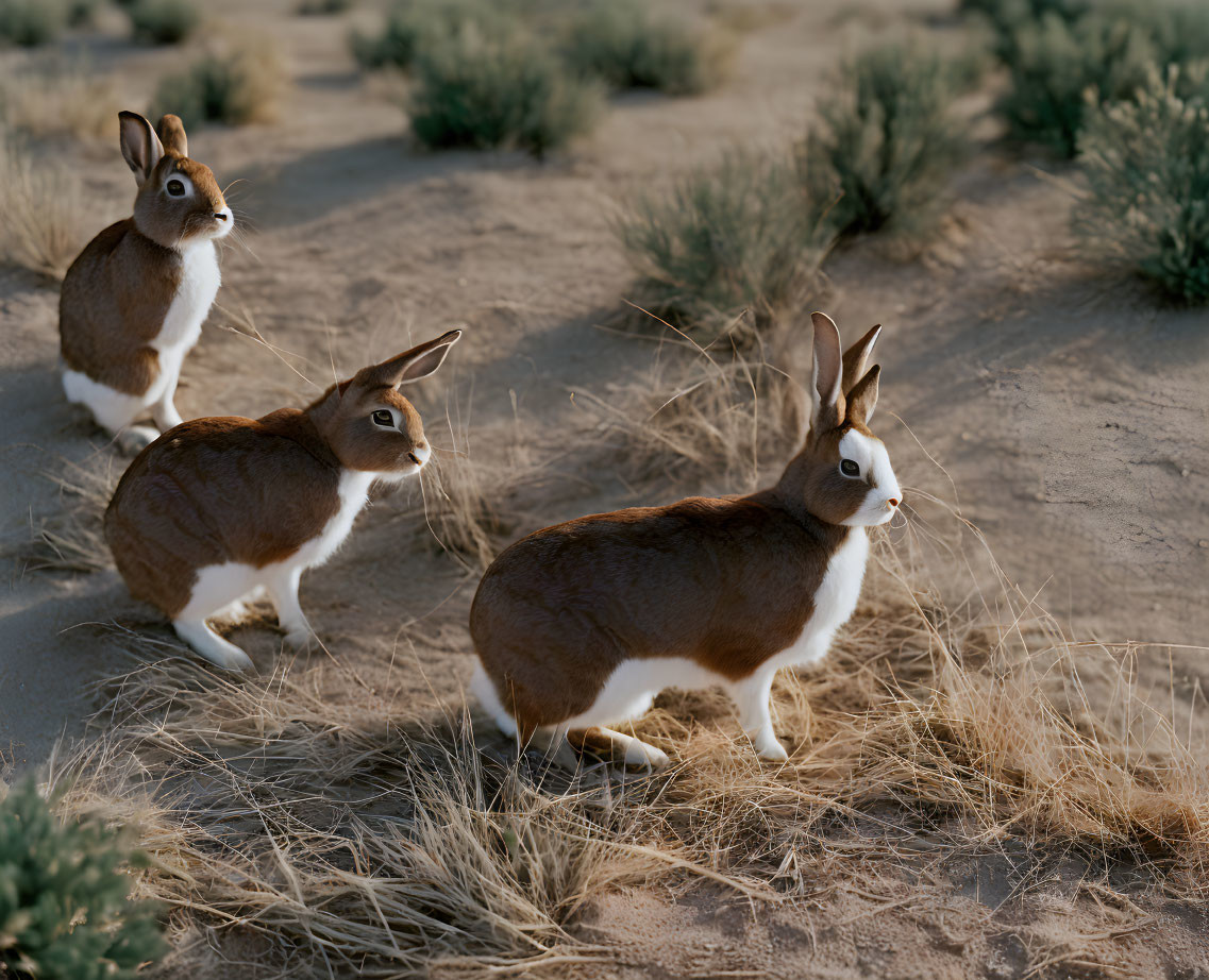 Three rabbits in desert landscape at dusk or dawn with warm lighting