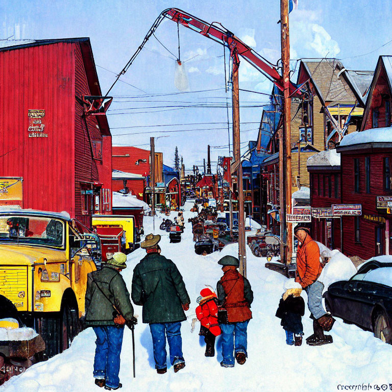 Colorful Snowy Street Scene with People and Cars