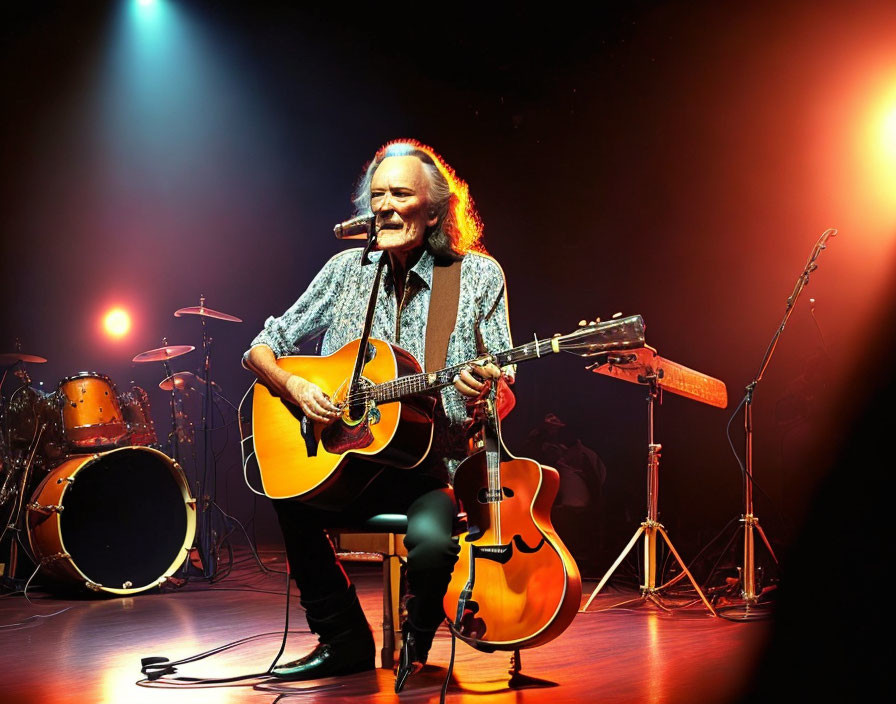 Live Guitar Performance on Stage with Drum Set in Warm Lighting