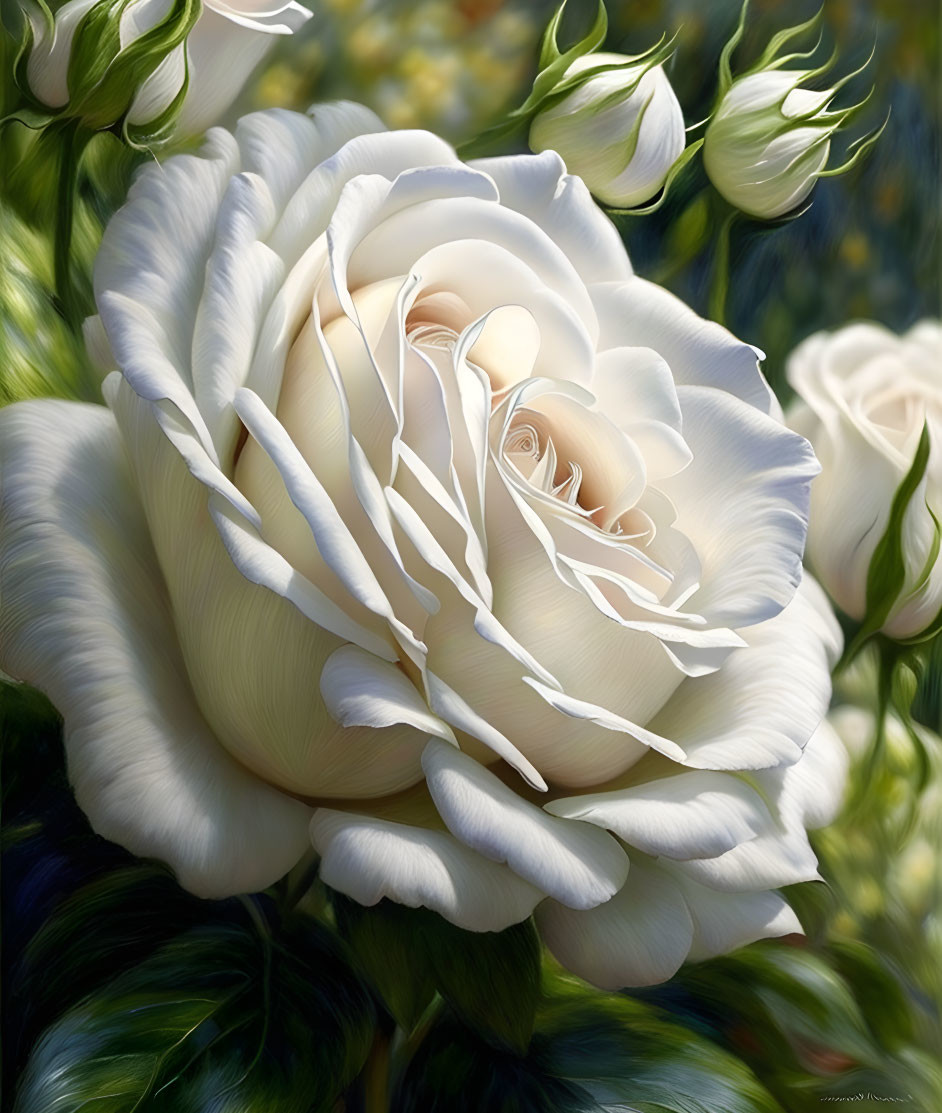 White rose with intricate petals and buds in soft, painterly style