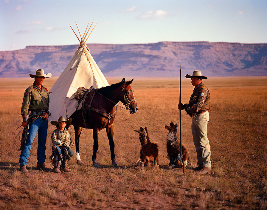 Adults and child in cowboy attire near teepee with horse and dogs on vast plains