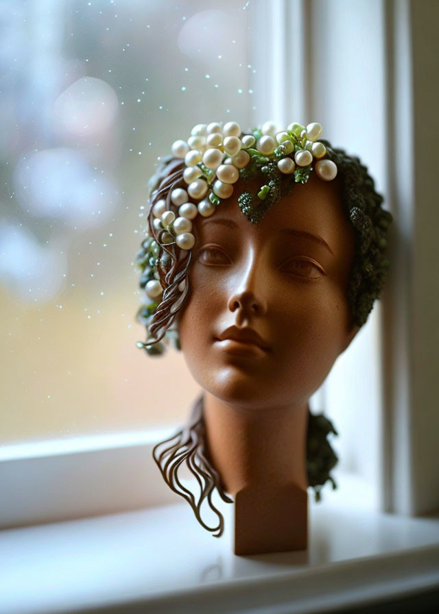 Intricate pearl and greenery headdress bust near window with falling snow.