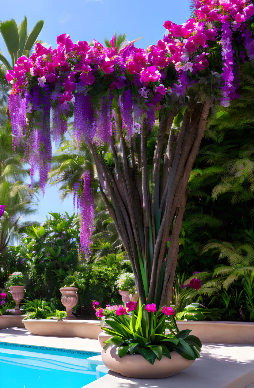 Purple and Pink Orchids in White Pot with Tropical Foliage