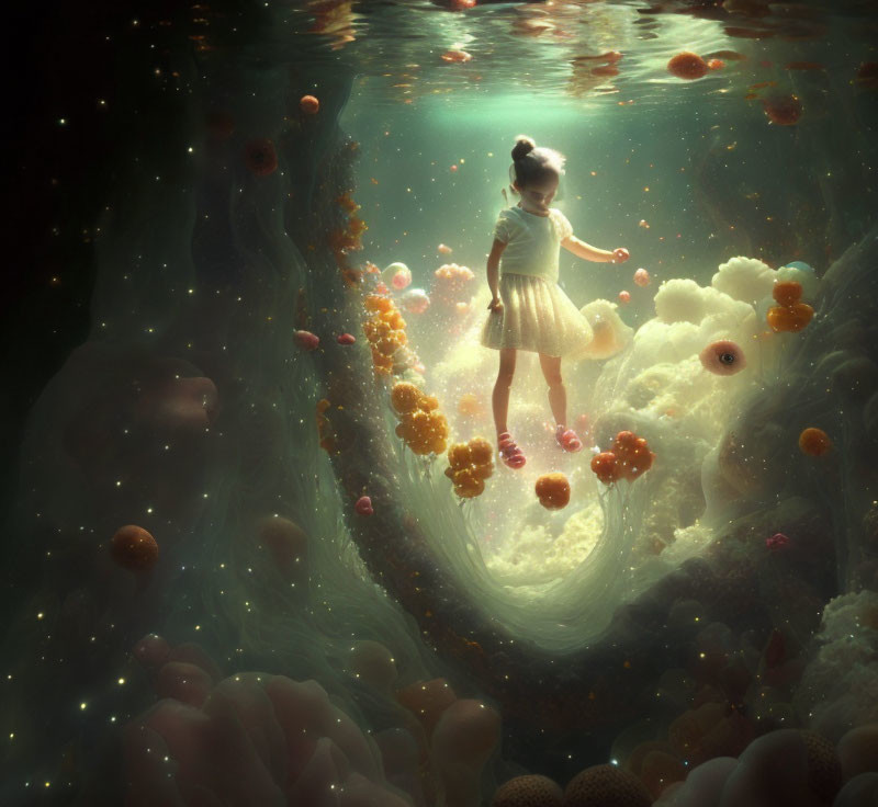 Young girl in underwater scene with glowing orbs and luminous vortex.