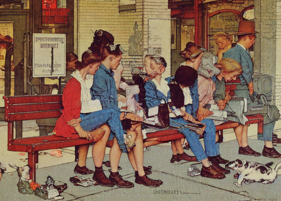 Illustration of children and dog reading on bench outside vintage shop