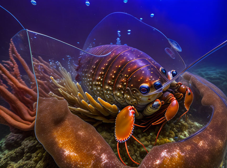 Colorful Peacock Mantis Shrimp in Transparent Bubble Among Sea Anemones