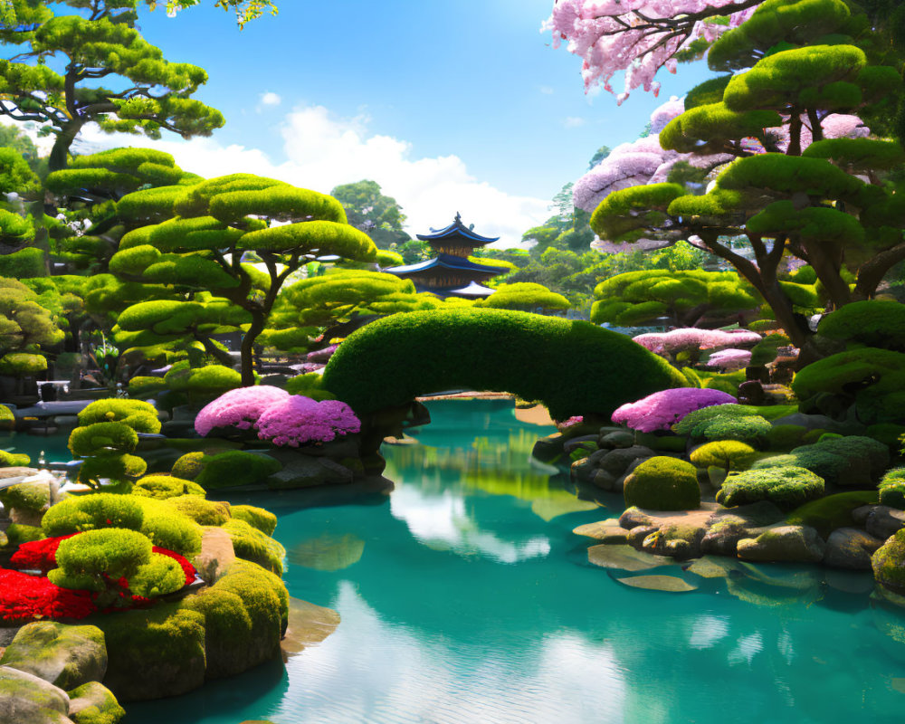 Tranquil Japanese garden with stone bridge, pond, and blooming shrubs