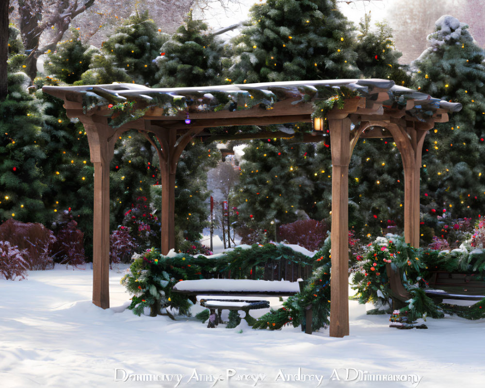 Snowy Winter Scene with Festive Pergola and Christmas Trees