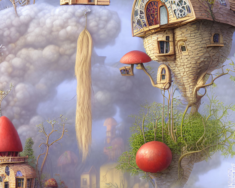 Whimsical surreal artwork of floating houses and oversized mushrooms