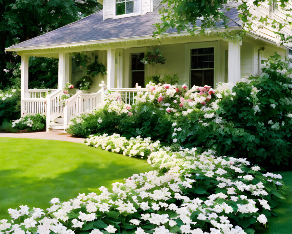 White House with Covered Porch Surrounded by Garden and Flowers