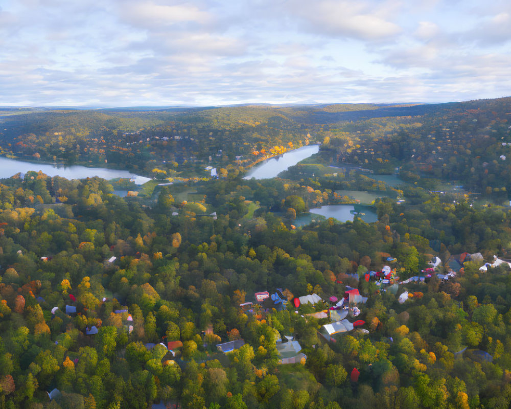 Lush Region with Fall Trees, Houses, and River