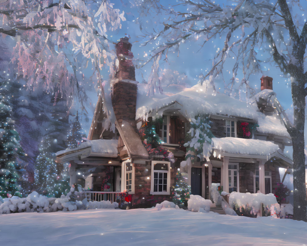 Snow-covered cottage with Christmas decorations in soft glow at dusk