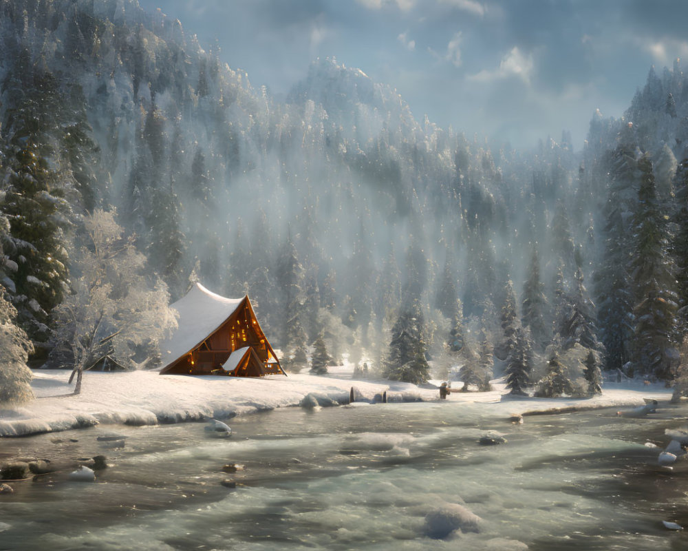 Snowy forest tent illuminated by frozen river and sunbeams