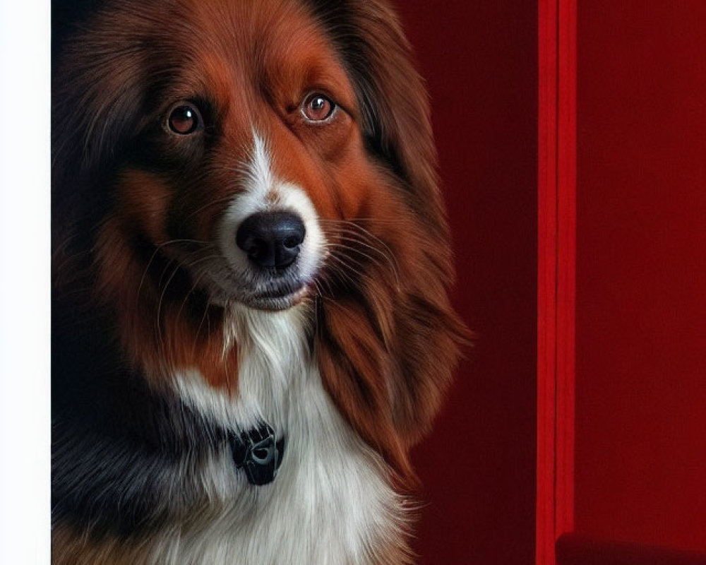 Brown and White Dog with Soulful Eyes in Red and Black Setting