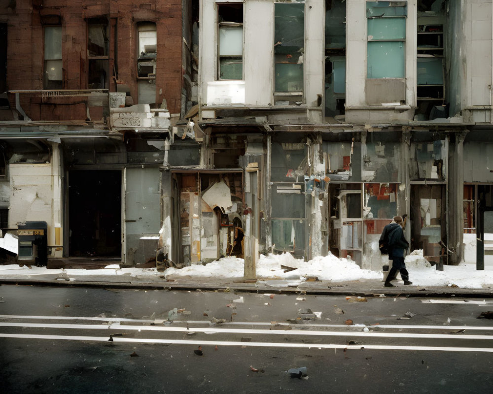 Urban scene: Person passing snow-covered, rundown buildings