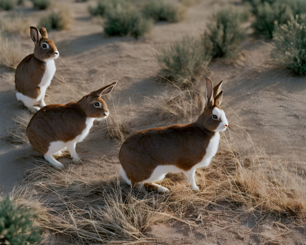 Three rabbits in desert landscape at dusk or dawn with warm lighting